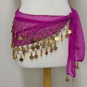 3 Row Belly Dance Hip Wrap Scarf Work Out Dance Costume with Gold Coins Pink